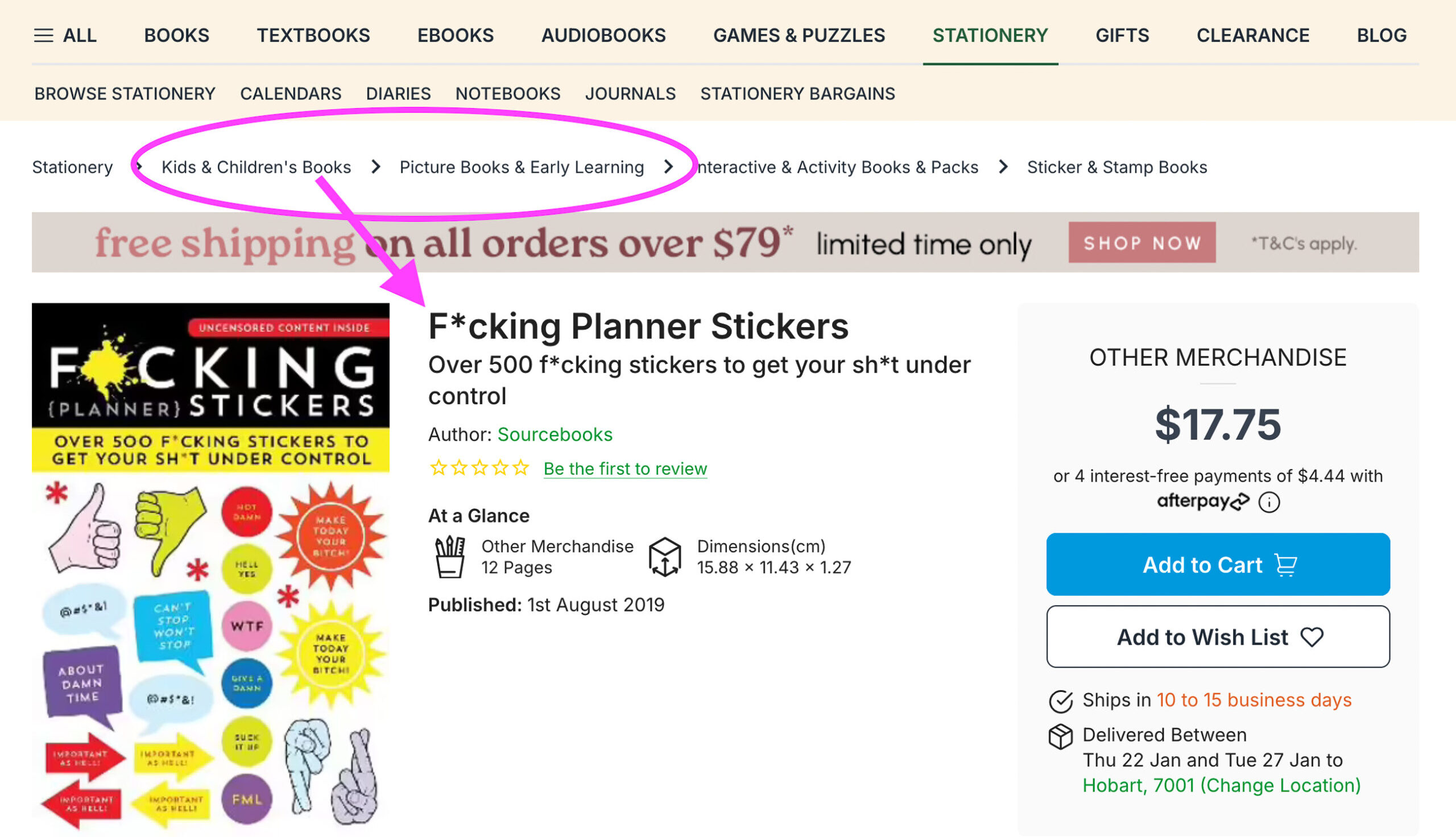 A product called "F*cking planning stickers" is listed in the children's section of a website