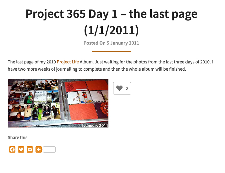 Screenshot of a blog post titles "Project 365 Day 1 - the last page (1/1/2011)" with a photo of a scrapbook layout