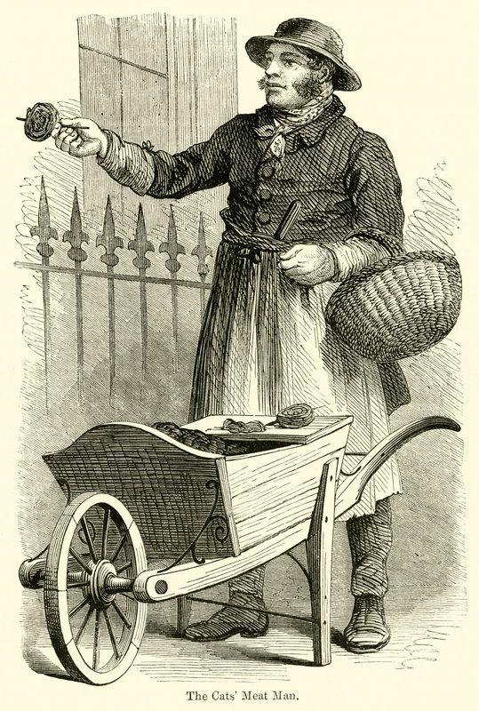 An old etching of a man with a wheelbarrow holding a basket in one hand and is holding out a skewer with some rolled meat on it. He is wearing 19th century dress including a frock coat and a hat