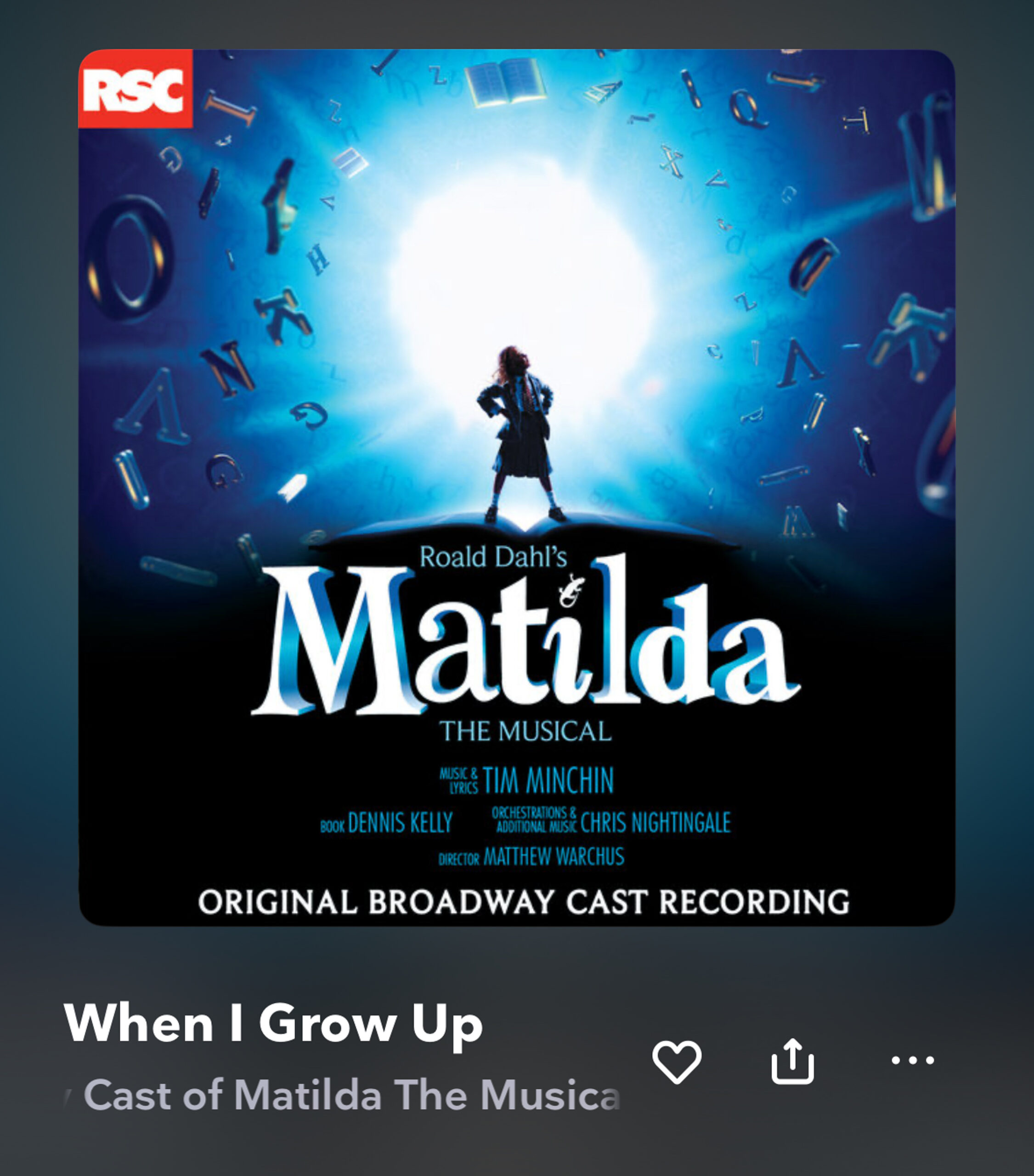 An album cover for the original cast recording of Matilda. There is a blue background, a white circular light and a silhouette standing in the spotlight