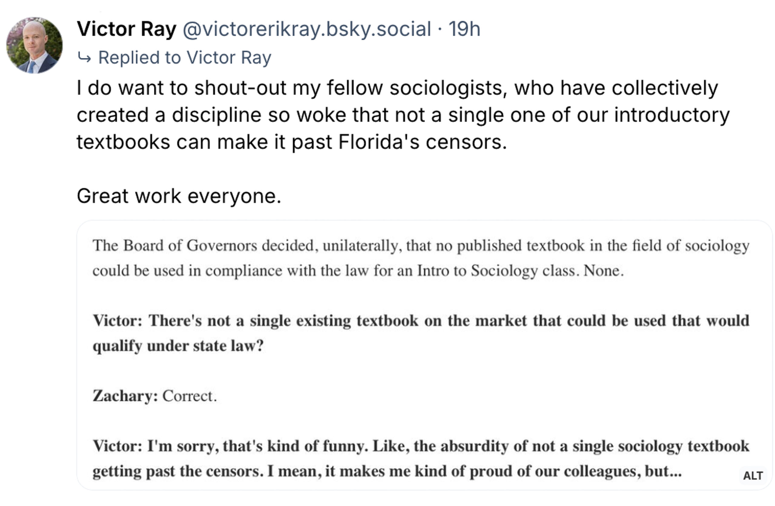 A bluesky post that states that no published textbook in the field of sociology could  be used in compliance with the law for an Intro to Sociology class.