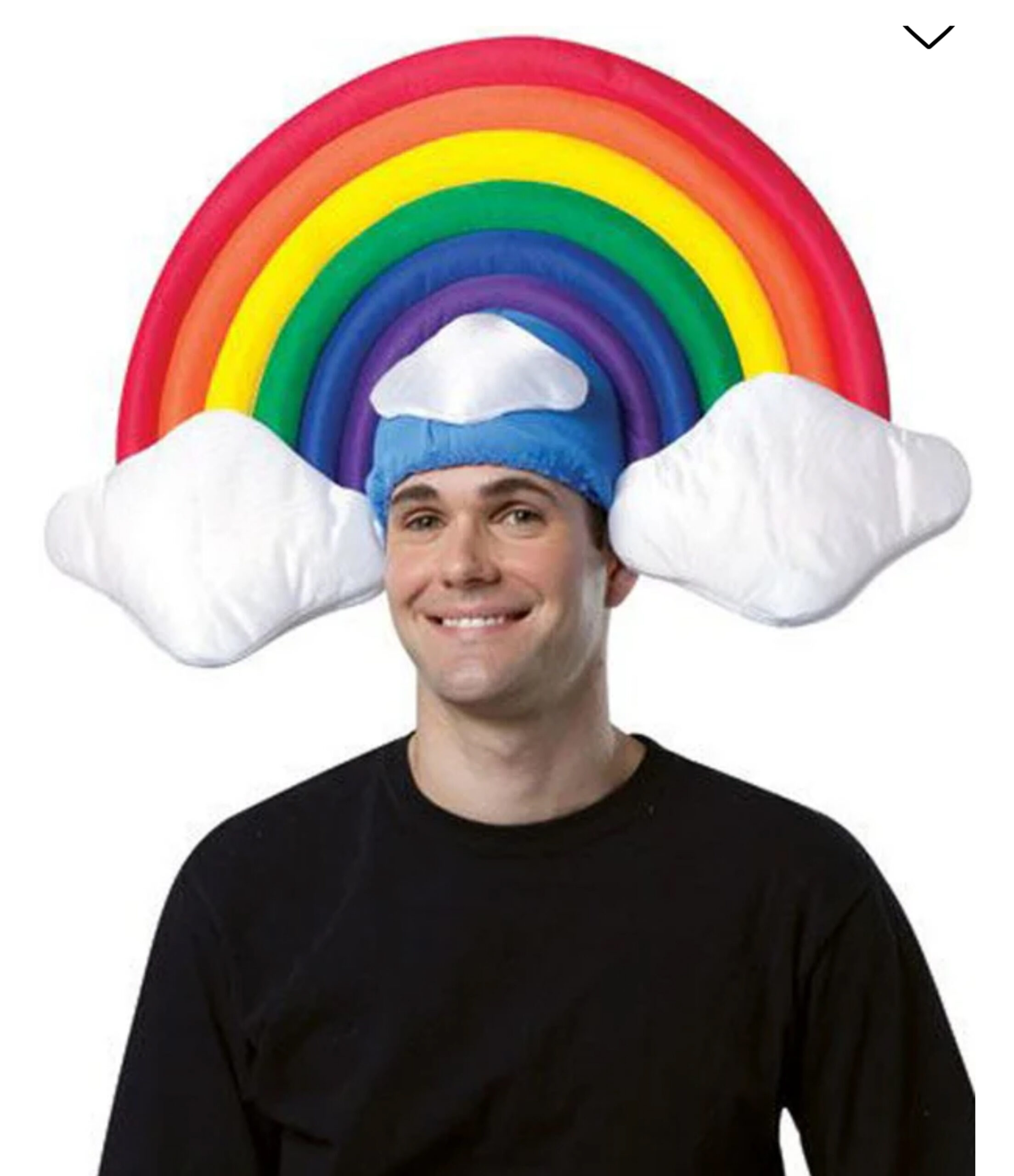 A person wearing a hat that is like a rainbow with a cloud at either end
