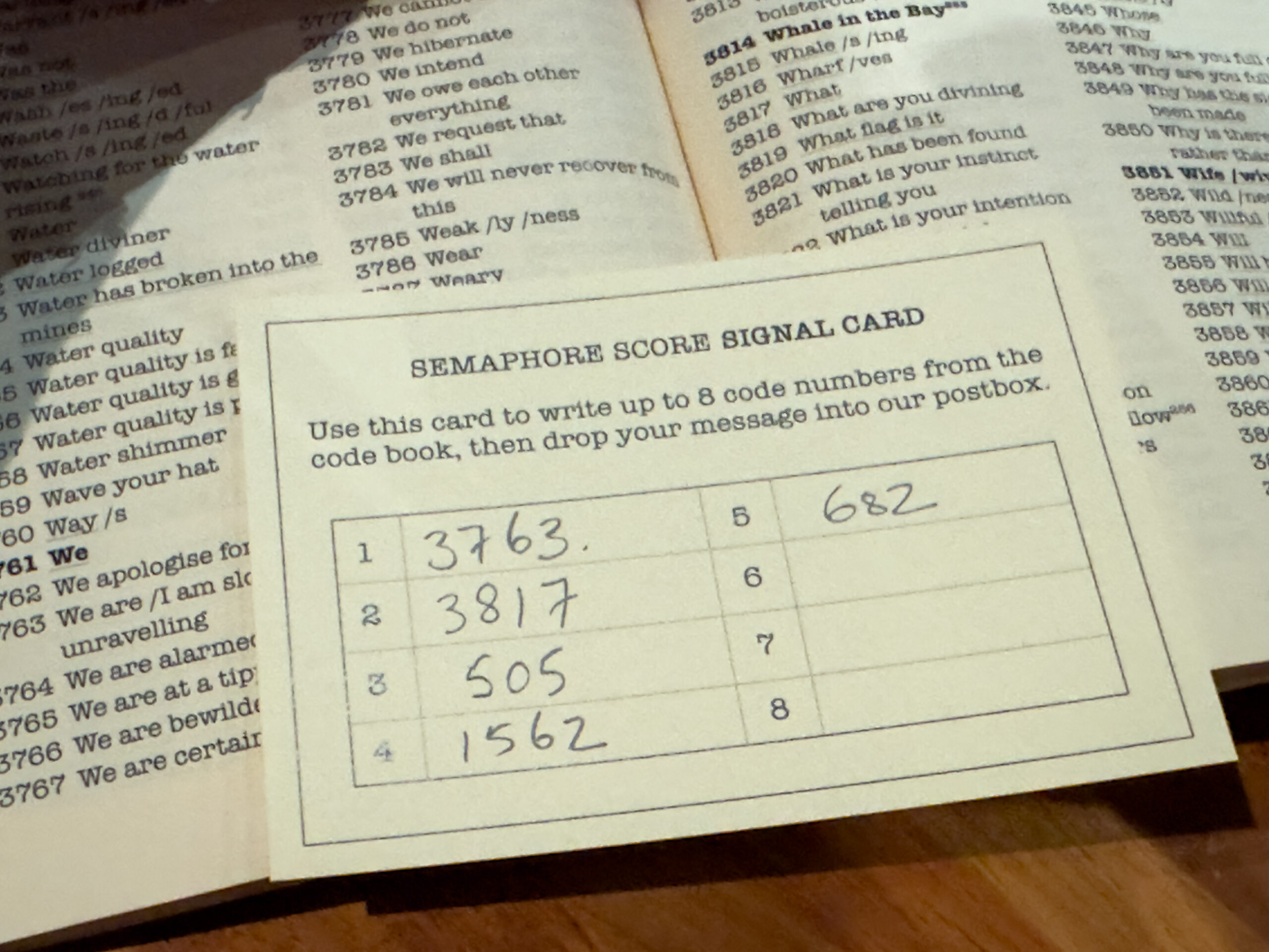 A handwritten message in code using numbers from a code directory