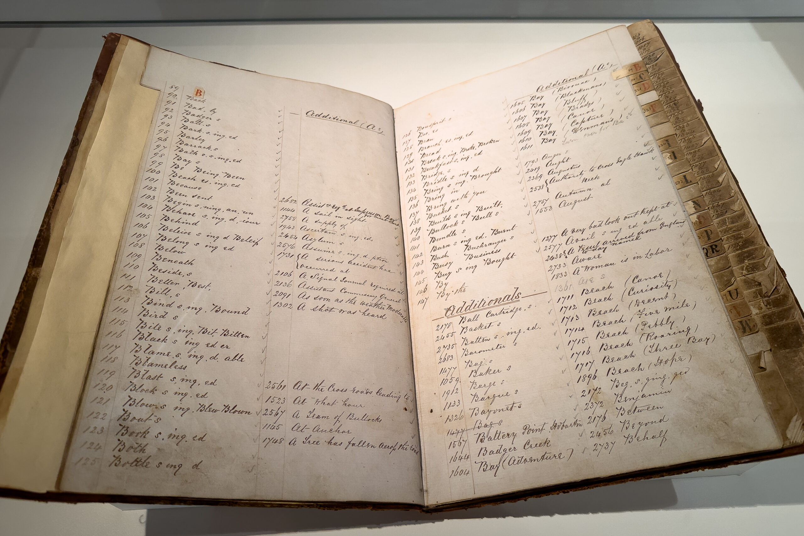 An old book opened up, and it has lists of numbers and words that correspond to the numbers