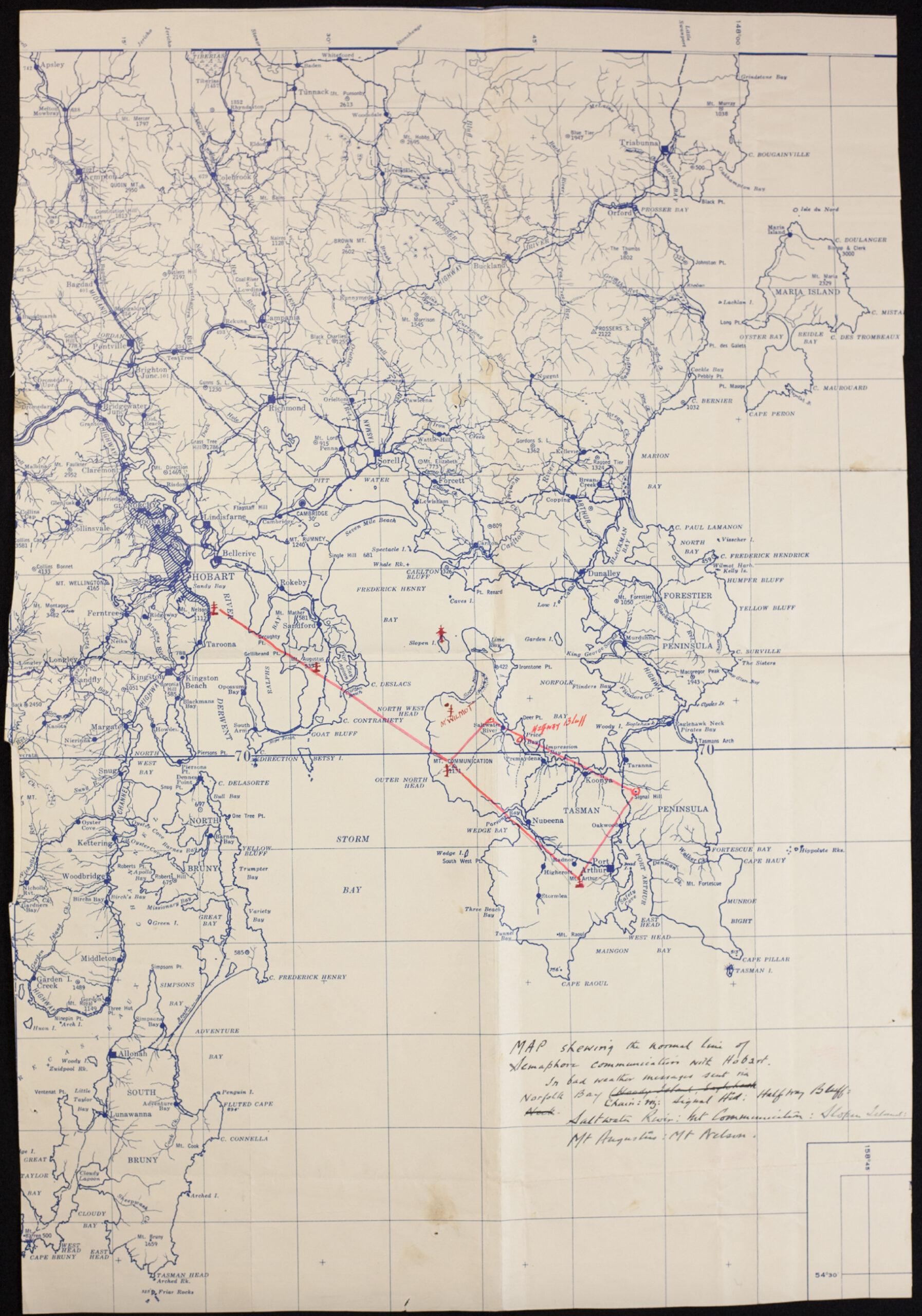 An old map showing the location of some of the signal stations between Port Arthur and Mount Nelson, in Sothern Tasmania