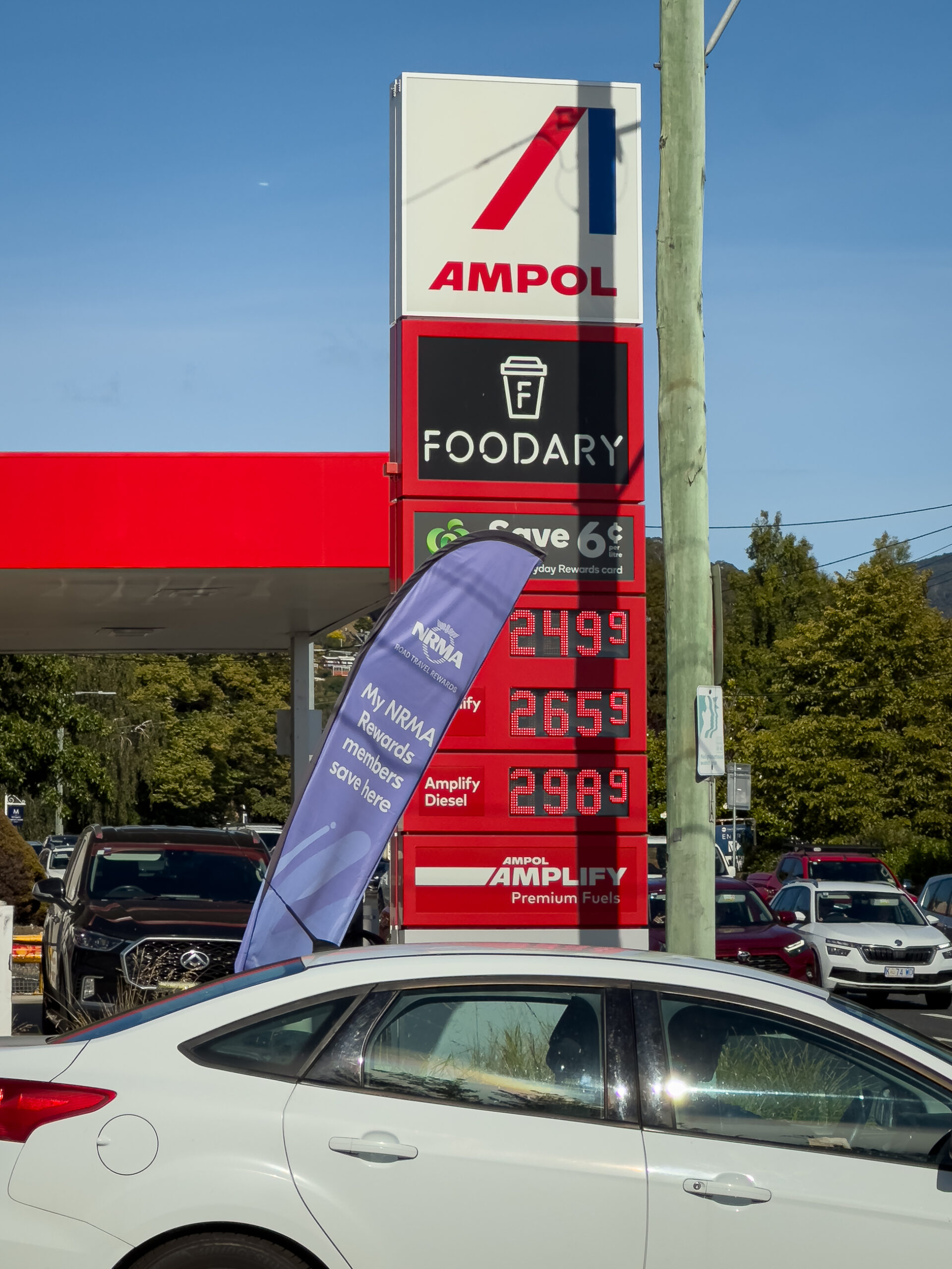 Fuel station price board showing prices ranging between 249.9 and 298.9 cents per litre for fuel