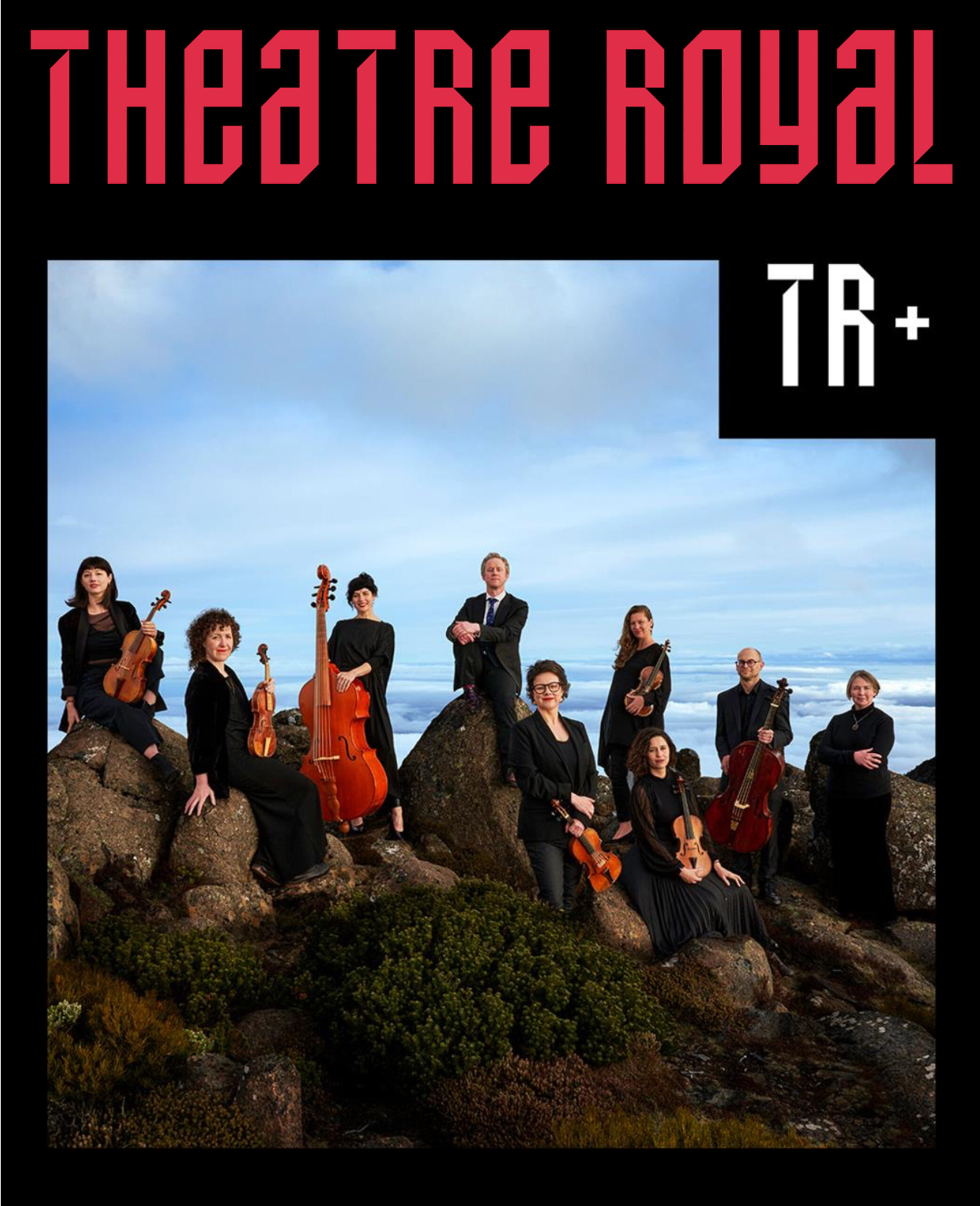 A promotional tile for a concert featuring a picture of a barowue band standing on some rocks holding their instruments