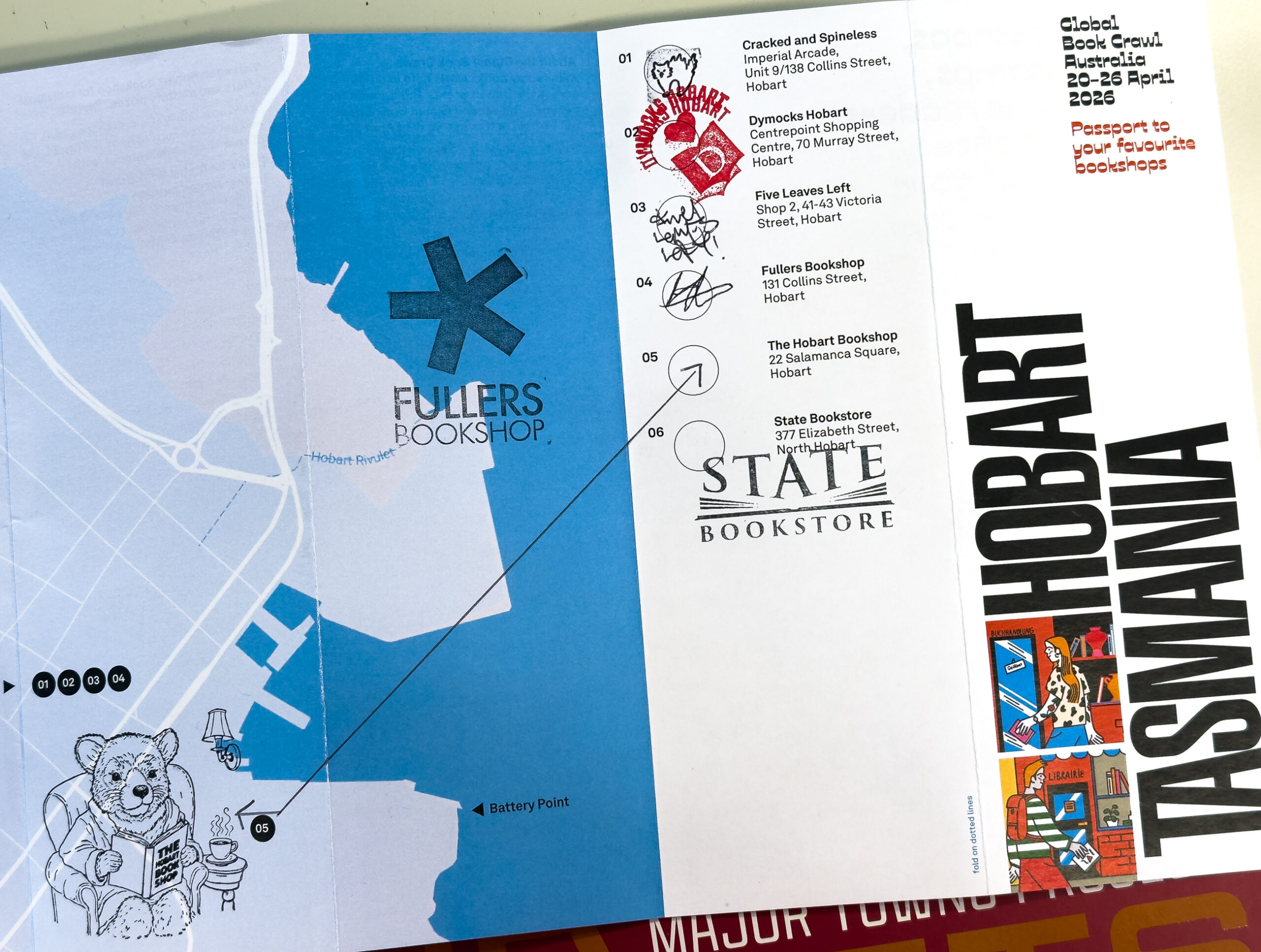 A completed Global Book Crawl map of Hobart with stamps from all six participating bookstores