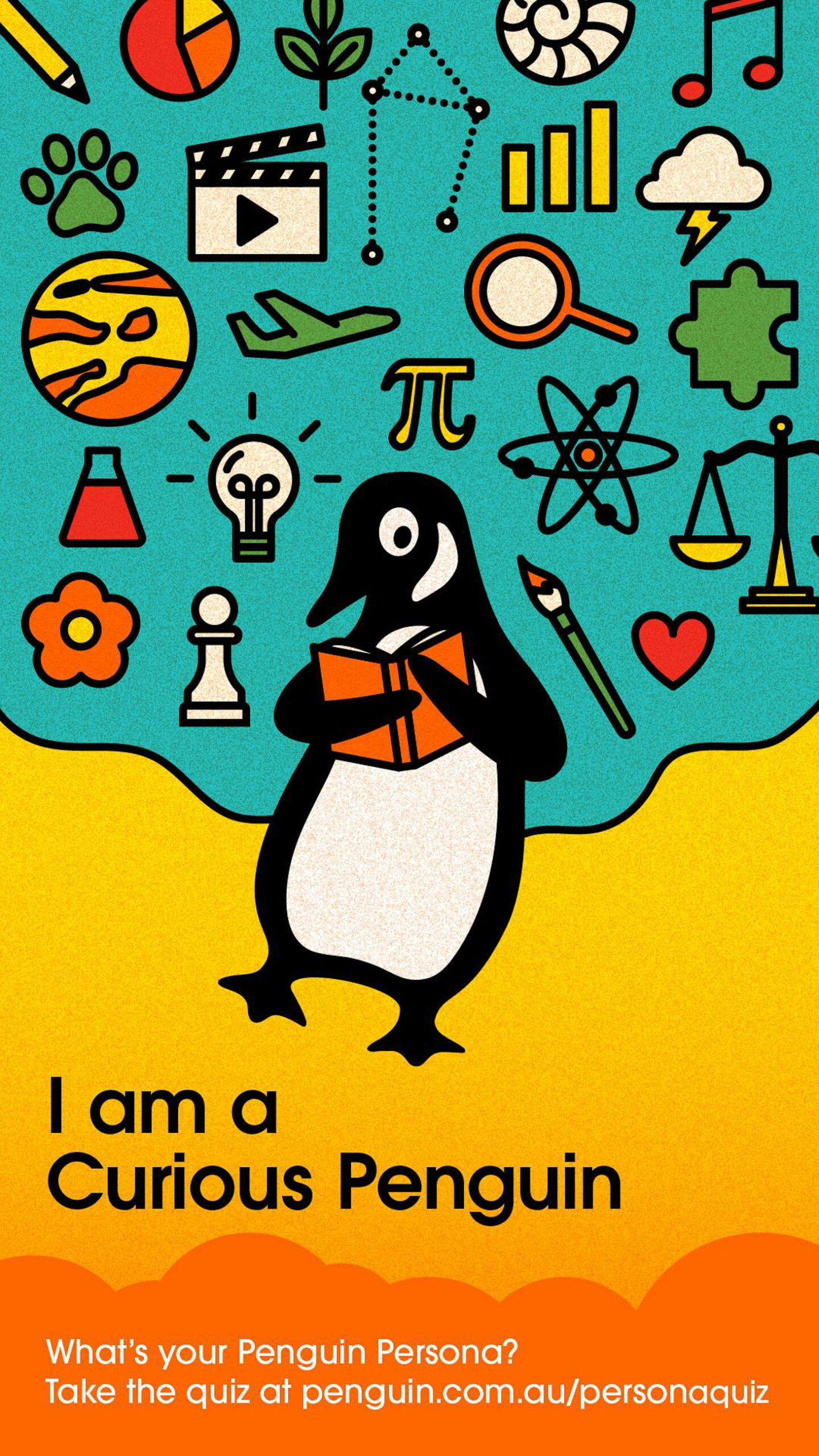 I am a curious Penguin. A drawing of a penguin surrounded by a lot of symbols on a green background. The is also yellow and orange stripes in the background