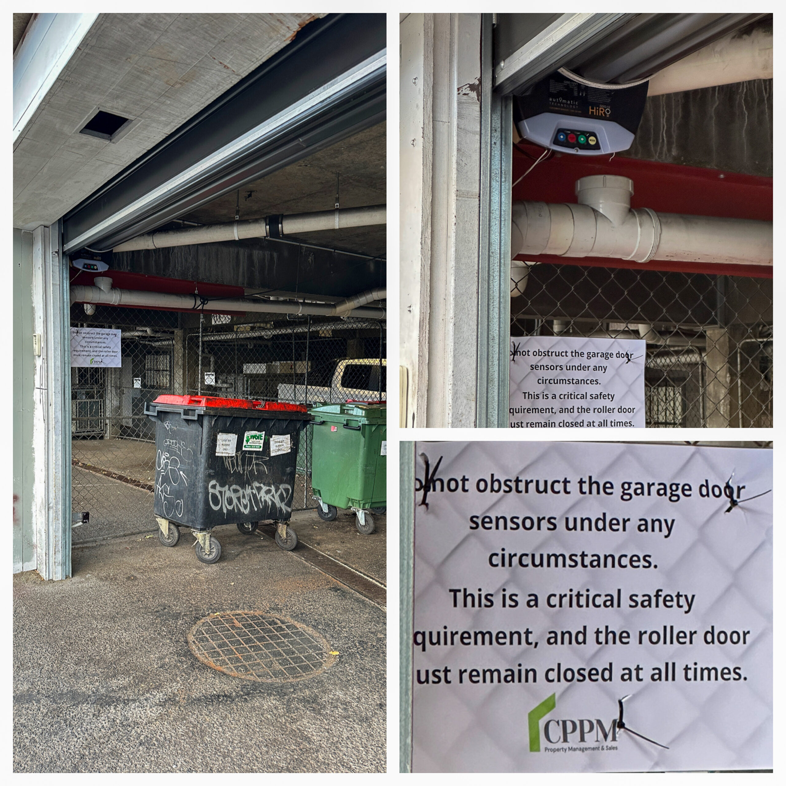 A photo montage of an open garage door and a door senor with a sign that says "Do not obstruct the garage door sensors under any circumstances. This is a critical safety requirement and the roller door must remain closed at all times."
