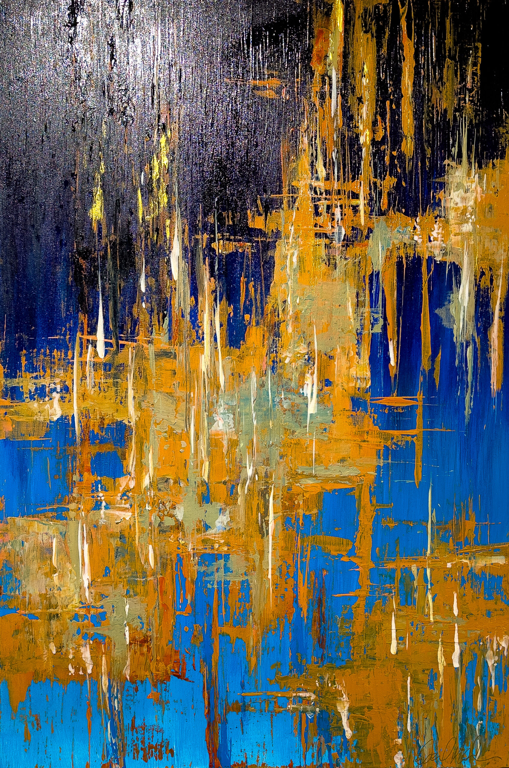 A bright orange and blue abstract artwork
