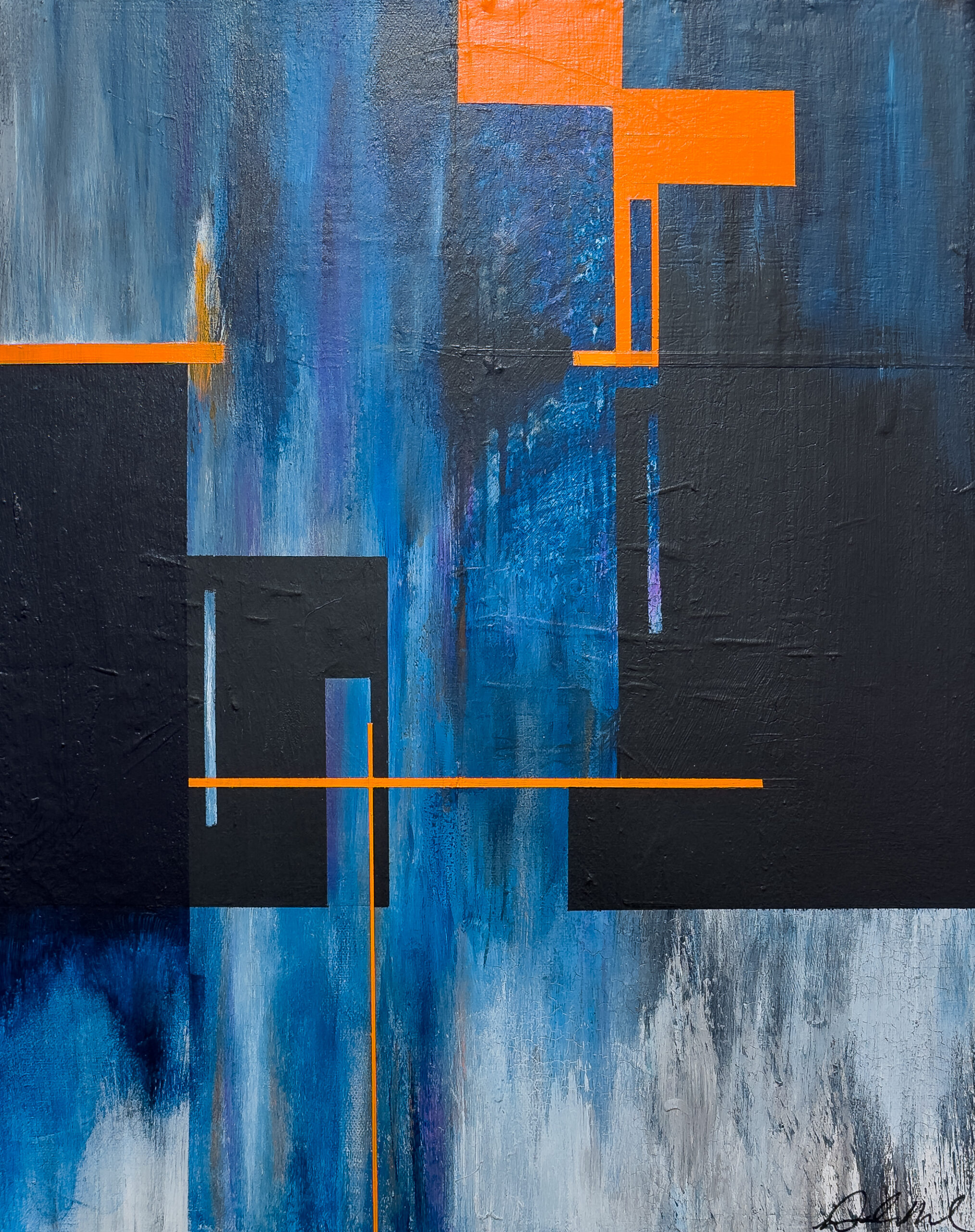 A blocky abstract artwork in blue and orange