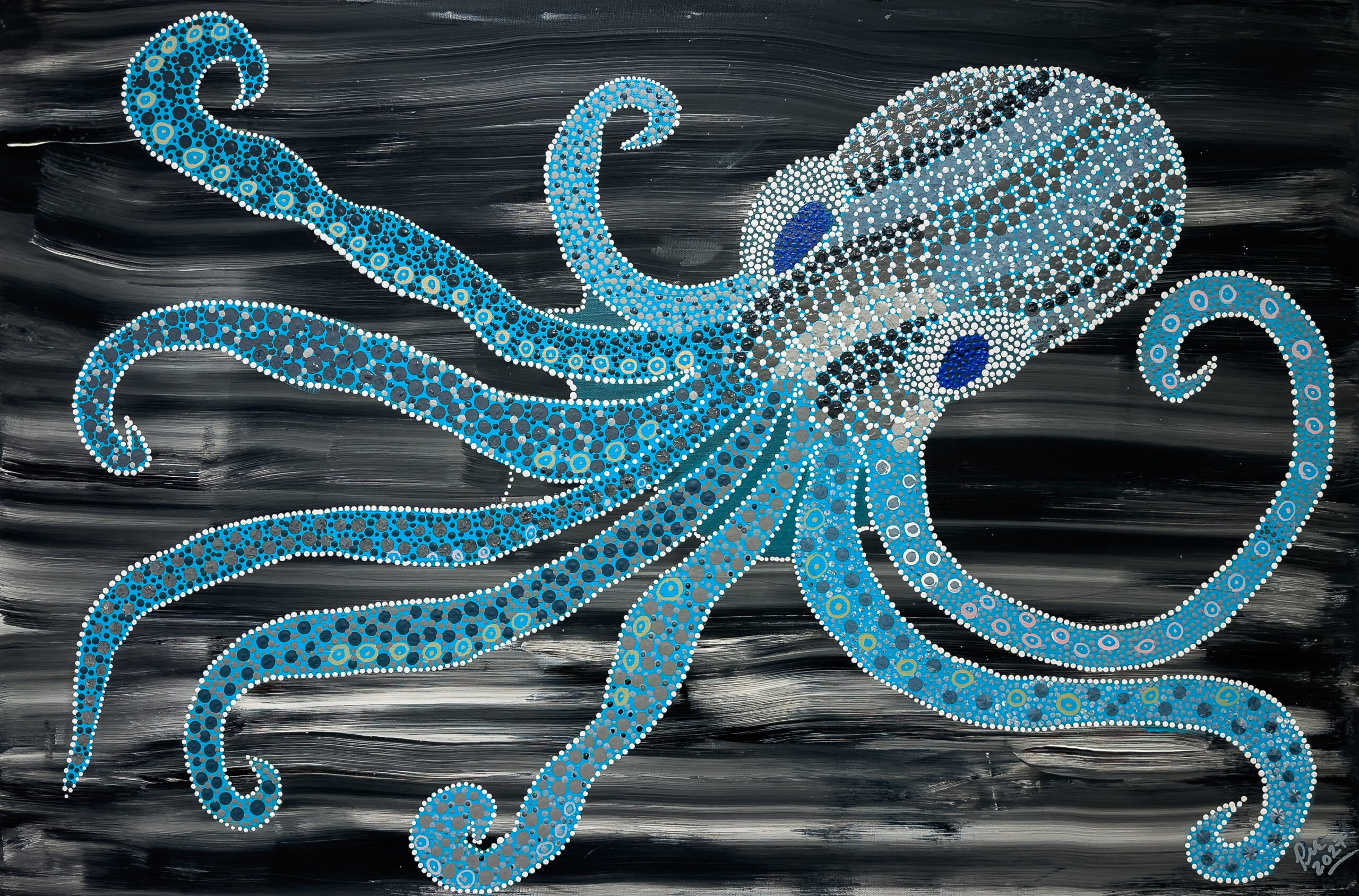 An artwork of a blue octopus