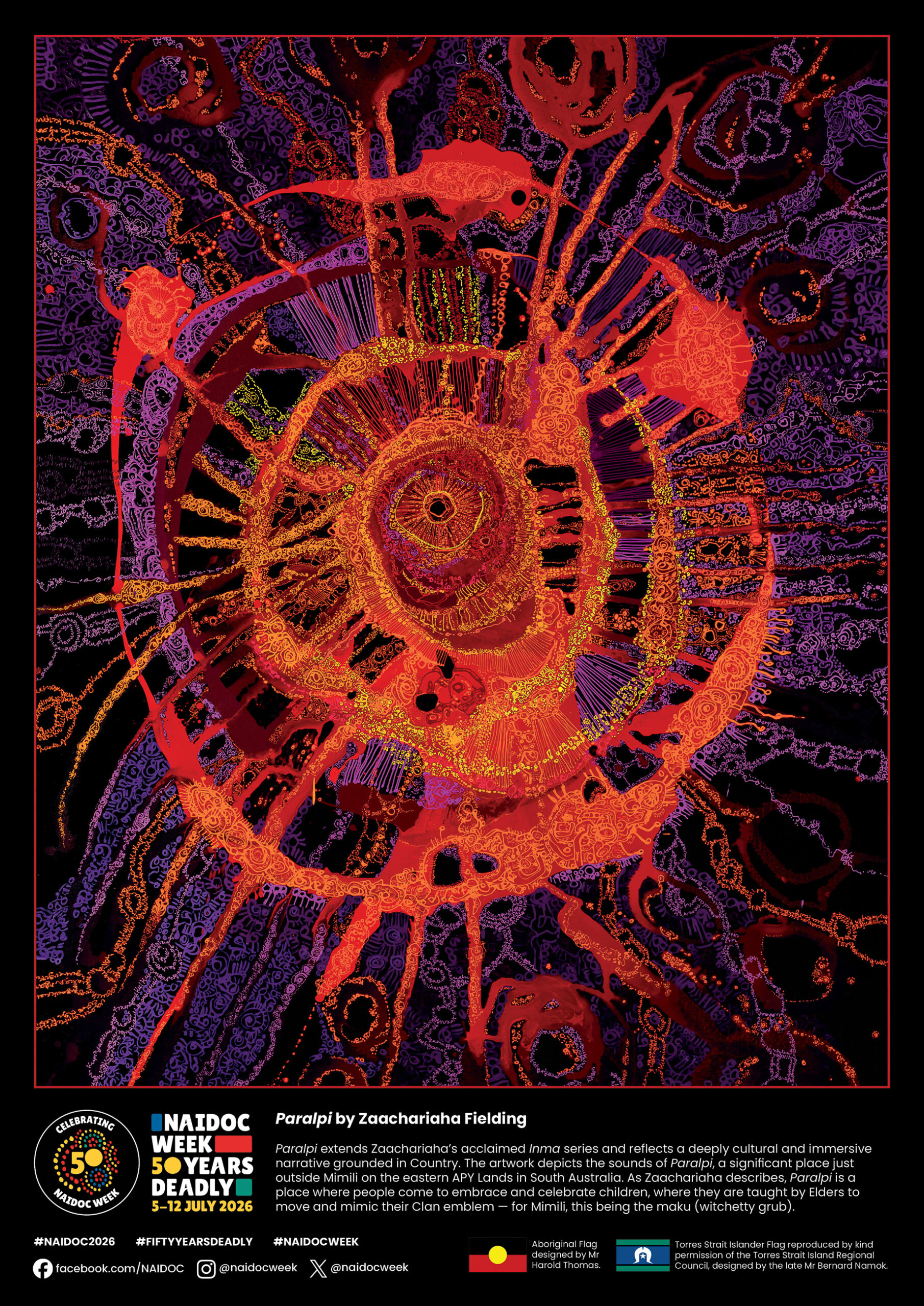 The 2026 NAIDOC Week Poster swirls of orange and yellow mingling with a deep purple background