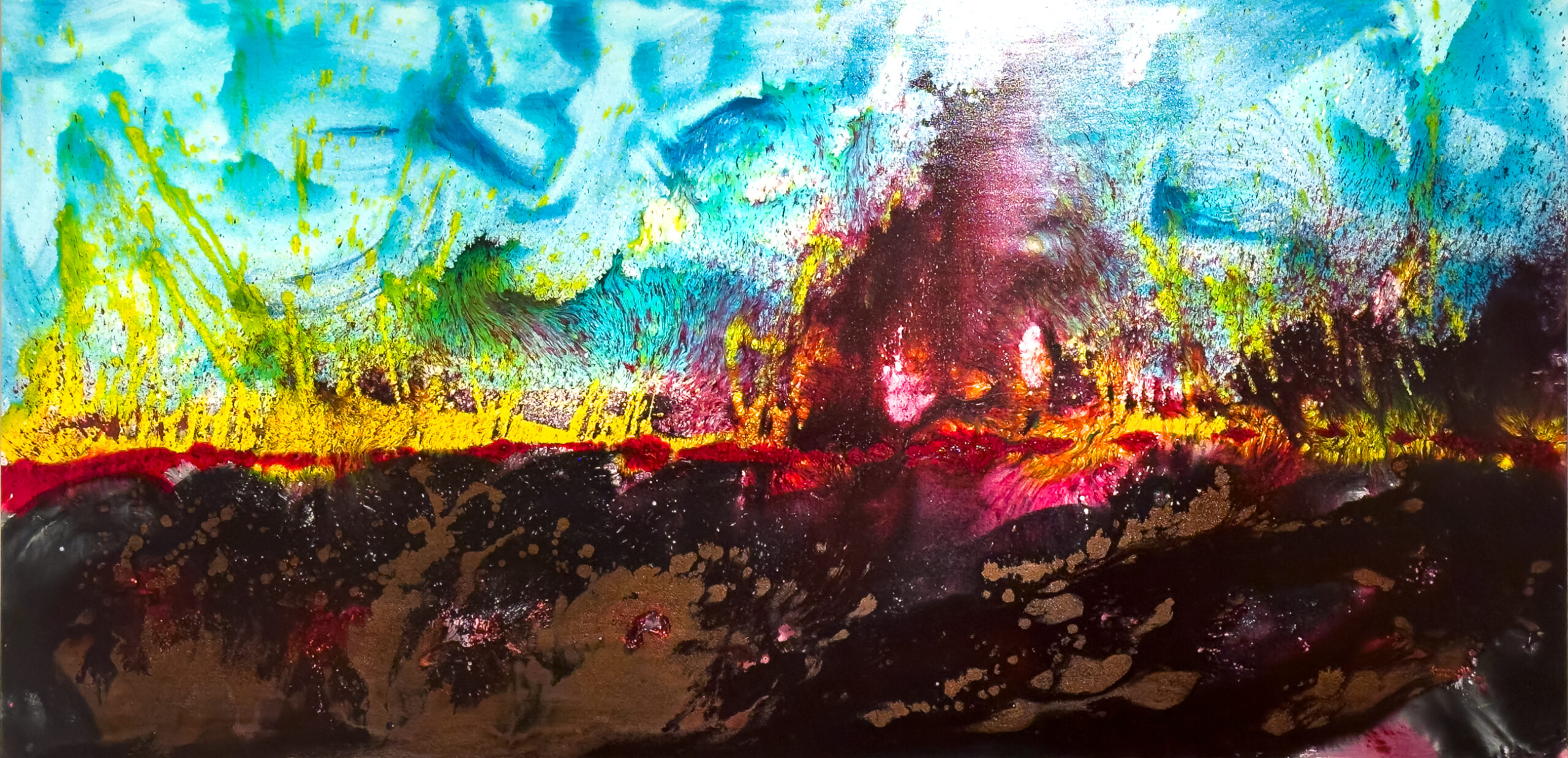 A colourful artwork in blues and reds and brown that represents flickering flames moving across the country